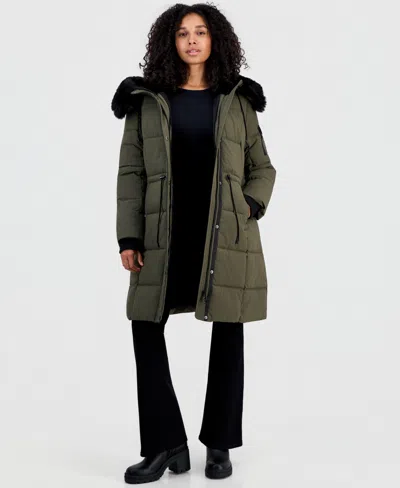 Steve Madden Women's Hooded Drawcord-waist Puffer Coat In Green