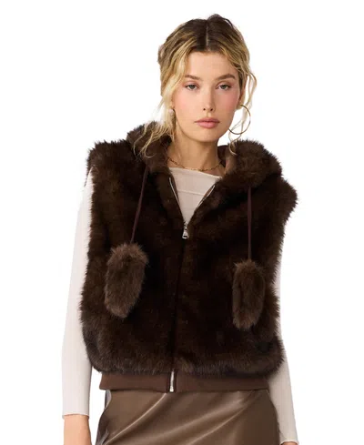 Steve Madden Women's Hooded Faux Fur Sophee Vest In Brown