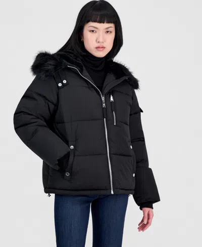 Steve Madden Women's Hooded Faux-fur-trim Puffer Jacket In Blue