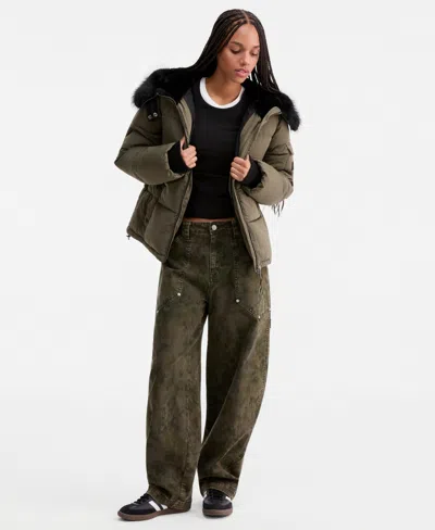 Steve Madden Women's Hooded Faux-fur-trim Puffer Jacket In Green