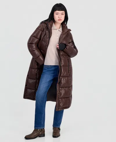 Steve Madden Women's Hooded Maxi Puffer Coat In Brown
