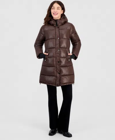 Steve Madden Women's Hooded Puffer Coat, Created For Macy's In Brown