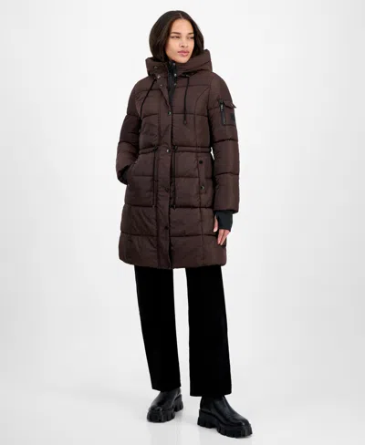 Steve Madden Women's Hooded Puffer Utility Coat In Brown