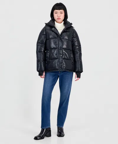 Steve Madden Women's Hooded Short Quilted Puffer Coat In Black