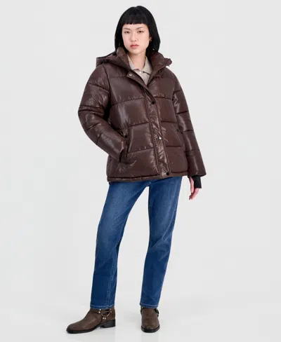 Steve Madden Women's Hooded Short Quilted Puffer Coat In Brown