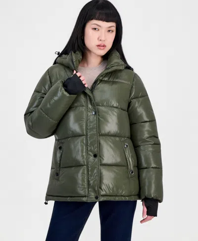 Steve Madden Women's Hooded Short Quilted Puffer Coat In Green