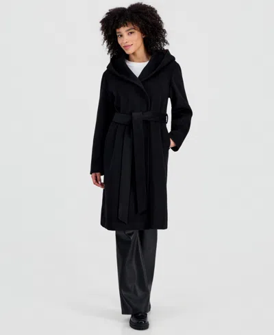 Steve Madden Women's Hooded Tie-belt Wrap Coat In Black
