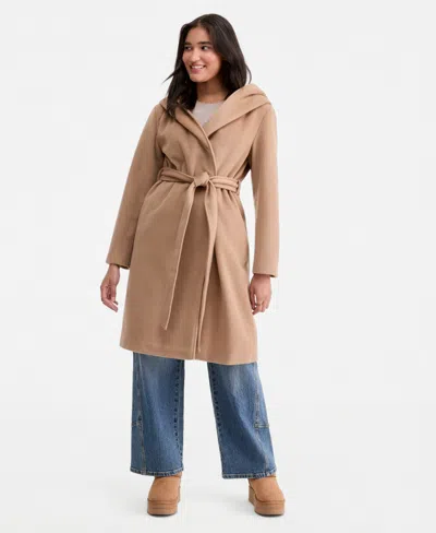 Steve Madden Women's Hooded Tie-belt Wrap Coat In Brown