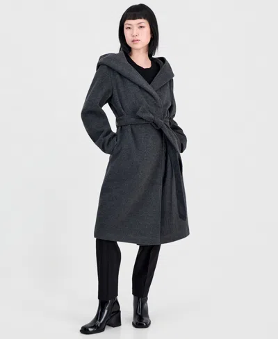 Steve Madden Women's Hooded Tie-belt Wrap Coat In Gray