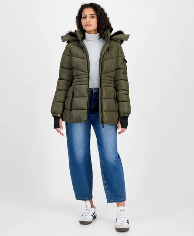 Steve Madden Women's Hooded Zip-front Puffer Coat In Green