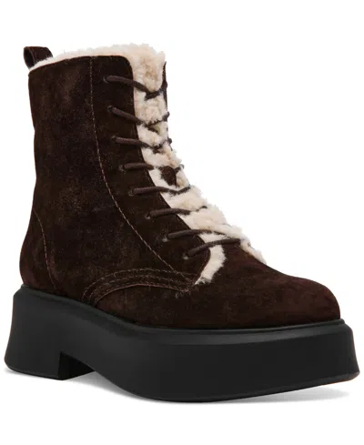 Steve Madden Women's Jazmin Faux Fur Lace Up Combat Boots In Brown Suede