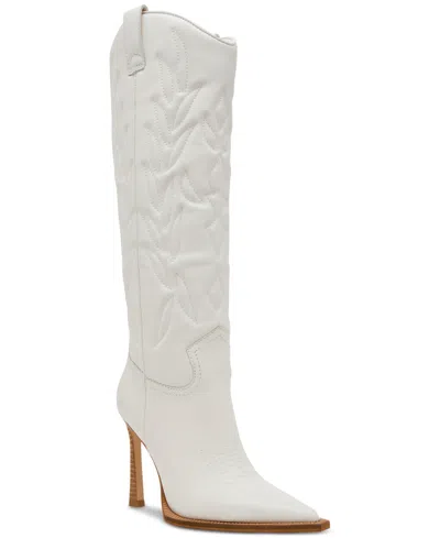 Steve Madden Kinzee Womens Open Stitch Leather Cowboy, Western Boots In White Leather