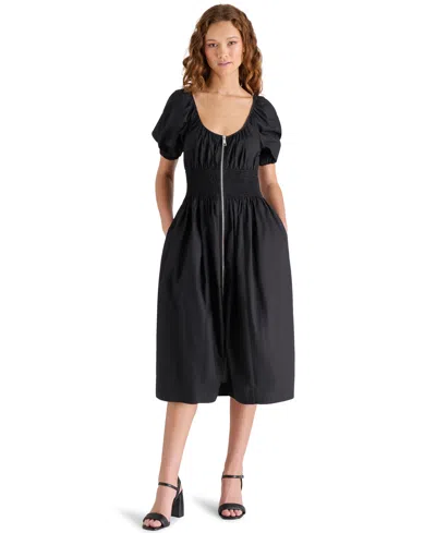 Steve Madden Women's Liora Puff-sleeve Cotton Midi Dress In Black