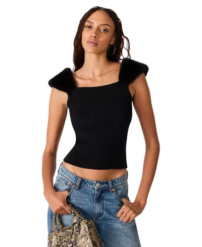 Steve Madden Women's Madelyn Sleeveless Square-neck Faux Fur-trim Sweater In Black