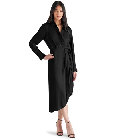 Steve Madden Martina Long Sleeve Faux Wrap Midi Shirtdress In Black