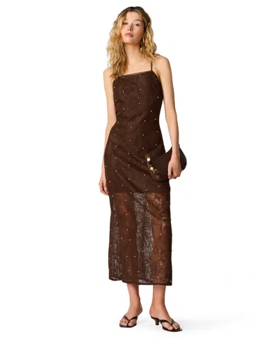 Steve Madden Maureene Bead Detail Floral Mesh Dress In Brown