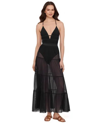 Steve Madden Women's Mesh Tiered Maxi Swim Cover-up Skirt In Black