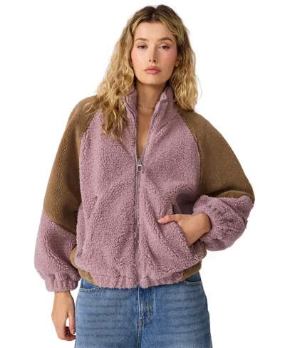 Steve Madden Women's Nina Mock Neck Sherpa Colorblock Jacket In Elderberry,sepia Tint