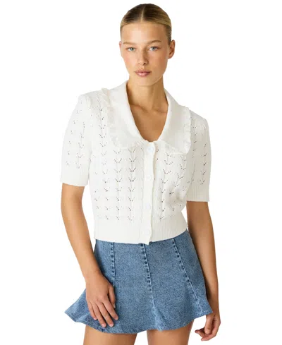 Steve Madden Women's Pointelle Ruffle Collared Cardigan In White