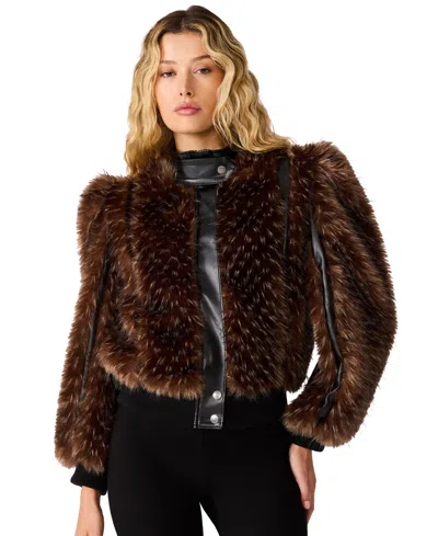 Steve Madden Women's Pru Faux-fur Cropped Mock-neck Jacket In Brown