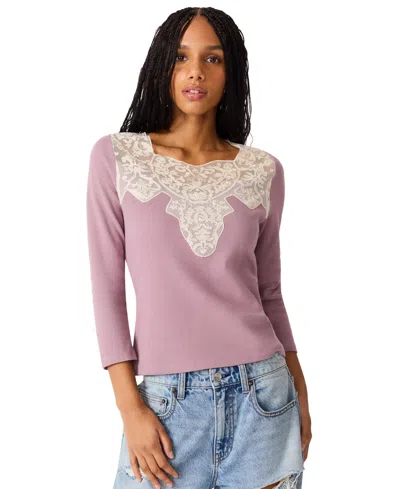 Steve Madden Women's Rib Knit Lace Trim 3/4 Sleeve Square Neck Top In Purple