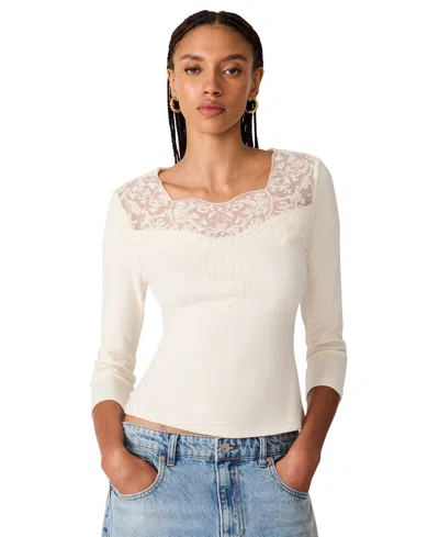 Steve Madden Women's Rib Knit Lace Trim 3/4 Sleeve Square Neck Top In White