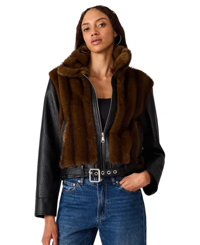 Steve Madden Women's Ryland Moto Mixed-media Faux-fur Jacket In Brown