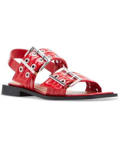 Steve Madden Women's Sandria Double Buckled Slingback Flat Sandals In Red Patent