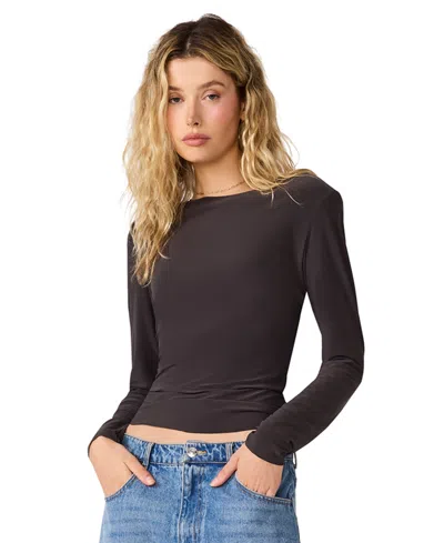 Steve Madden Women's Seline Long-sleeve Padded Shoulder Crewneck Top In Dark Espresso