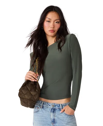 Steve Madden Women's Seline Long-sleeve Padded Shoulder Crewneck Top In Dark Olive