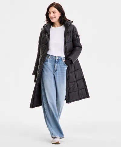 Steve Madden Women's Shiny Hooded Maxi Puffer Coat In Black