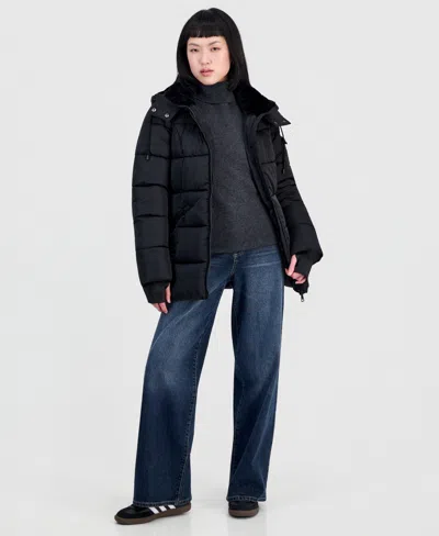 Steve Madden Women's Short Puffer Faux-fur-lined Hood Coat In Black