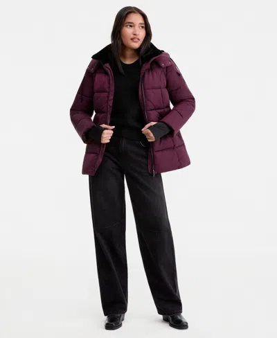 Steve Madden Women's Short Puffer Faux-fur-lined Hood Coat In Purple