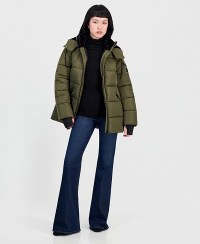 Steve Madden Women's Short Puffer Faux-fur-lined Hood Coat In Green
