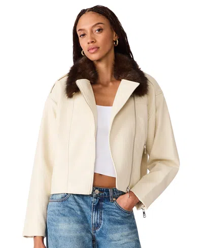 Steve Madden Women's Silas Motorcycle Cropped Faux-fur-trimmed Collar Faux Leather Jacket In Neutral