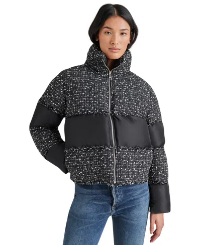 Steve Madden Women's Snowdrop Tweed-mix Puffer Jacket In Black