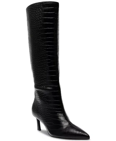 Steve Madden Women's  Lavan Boots Black Pointed Toe Leather Knee-high Lion78
