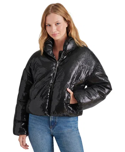 Steve Madden Stratton Sequined Cropped Puffer Jacket In Black