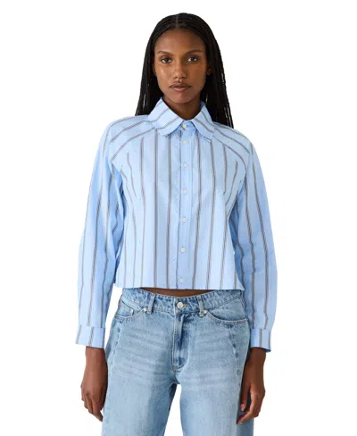 Steve Madden Tess Stripe Embellished Button-up Crop Top In Blue