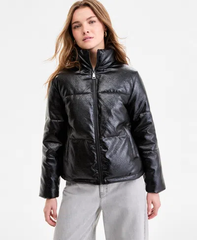 Steve Madden Women's Textured Faux-leather Puffer Coat In Black