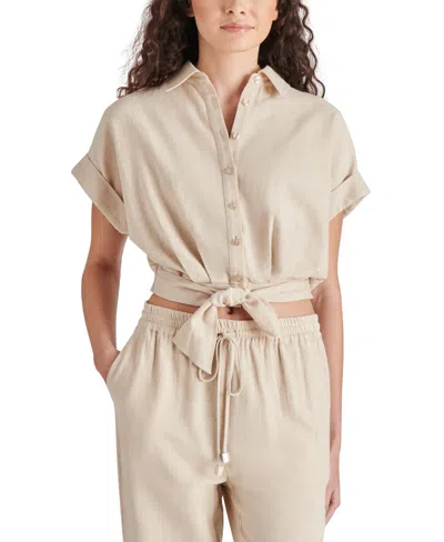 Steve Madden Women's Tori Tie-front Button-down Elastic-waist Cropped Top In Natural
