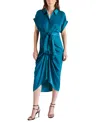 Steve Madden Tori Tie Waist Satin Midi Shirtdress In Midnight Teal