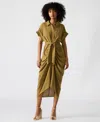 Steve Madden Tori Belted Ruched Slub Midi Shirtdress In Green