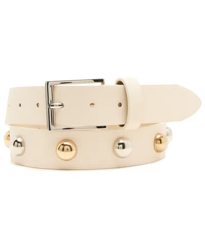 Steve Madden Women's Two-tone Dome Studs Rhinestone Floral Buckle Belt In Neutral