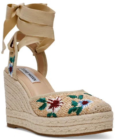 Steve Madden Vero Floral Raffia Lace-up Espadrille Wedges In Beige