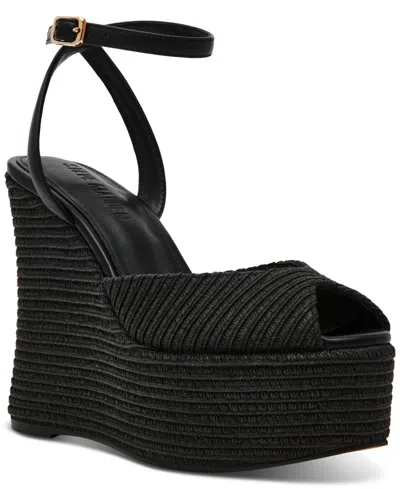 Steve Madden Women's Wanona Raffia Wedge Sandals In Black Raffia