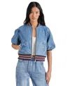 Steve Madden Women's Zamora Denim Bomber Jacket In Medium Blue Multi