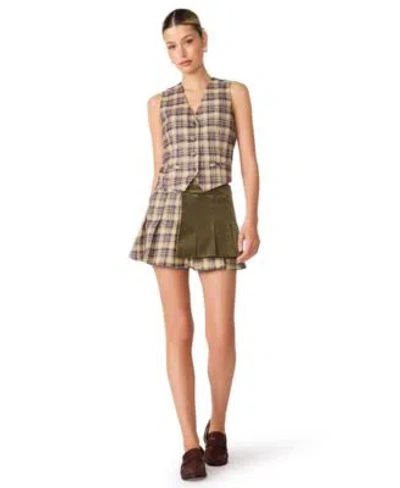 Steve Madden Womens Barret Vest V Neck Button Up Vest Tory Plaid Pleated Corduroy Skirt In Multi