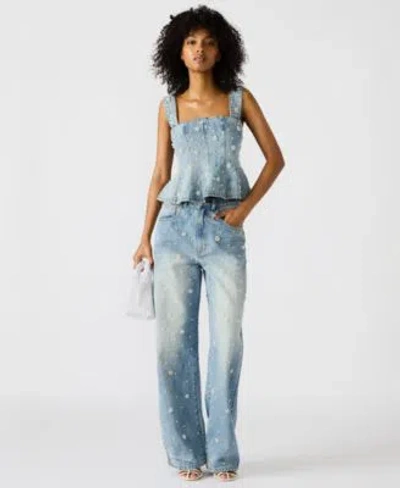 Steve Madden Womens Embellished Denim Fiorella Peplum Top Fianna Barrel Leg Jeans In Blue