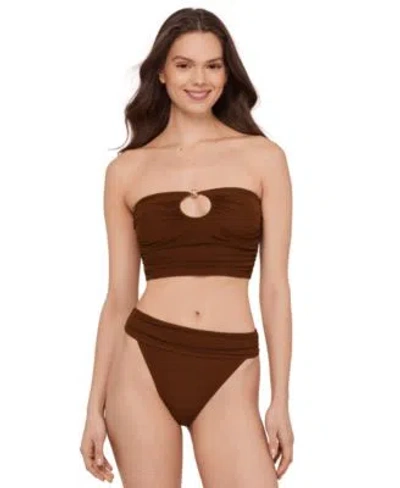 Steve Madden Womens Gold Tone Bead Keyhole Tube Bikini Top High Leg Ruched Band Swim Bottoms In Multi